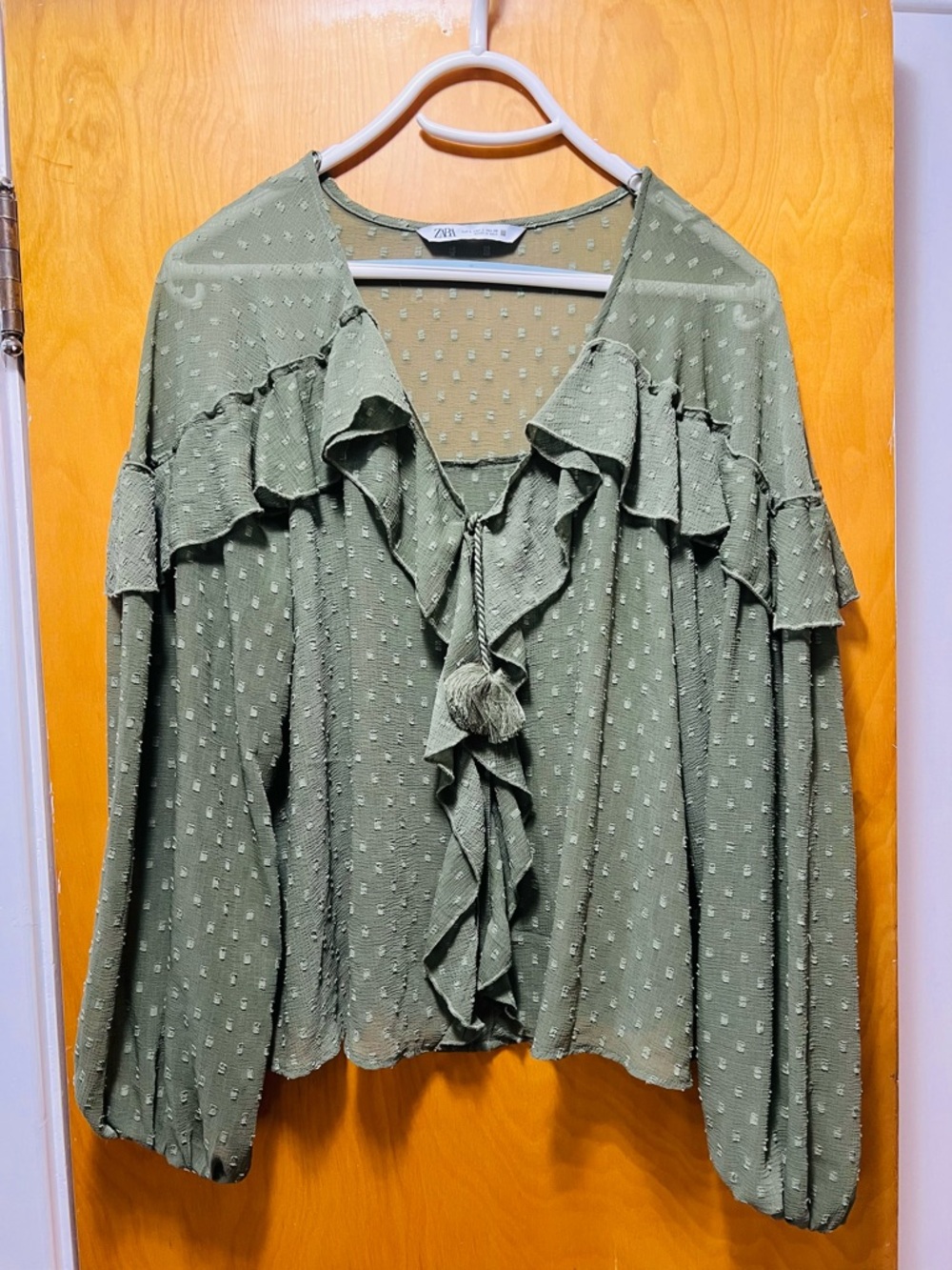 Zara Sage Green Ruffle Tie-Front Blouse
